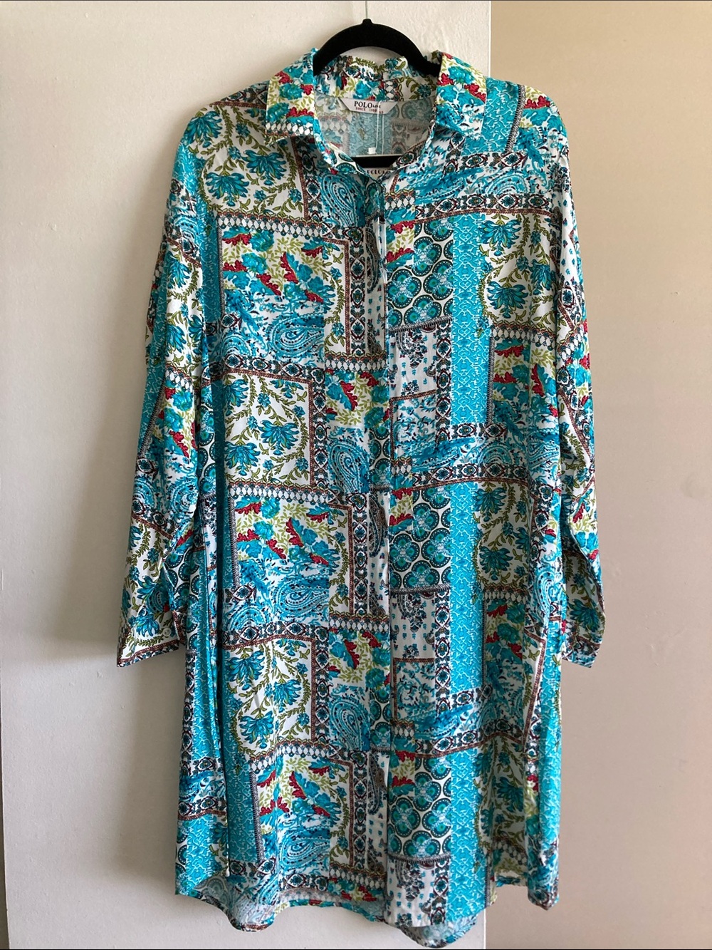 Shirt dress 52 EU XXL US Long Sleeve 100% Cotton Blue Paisley Shirtdress New